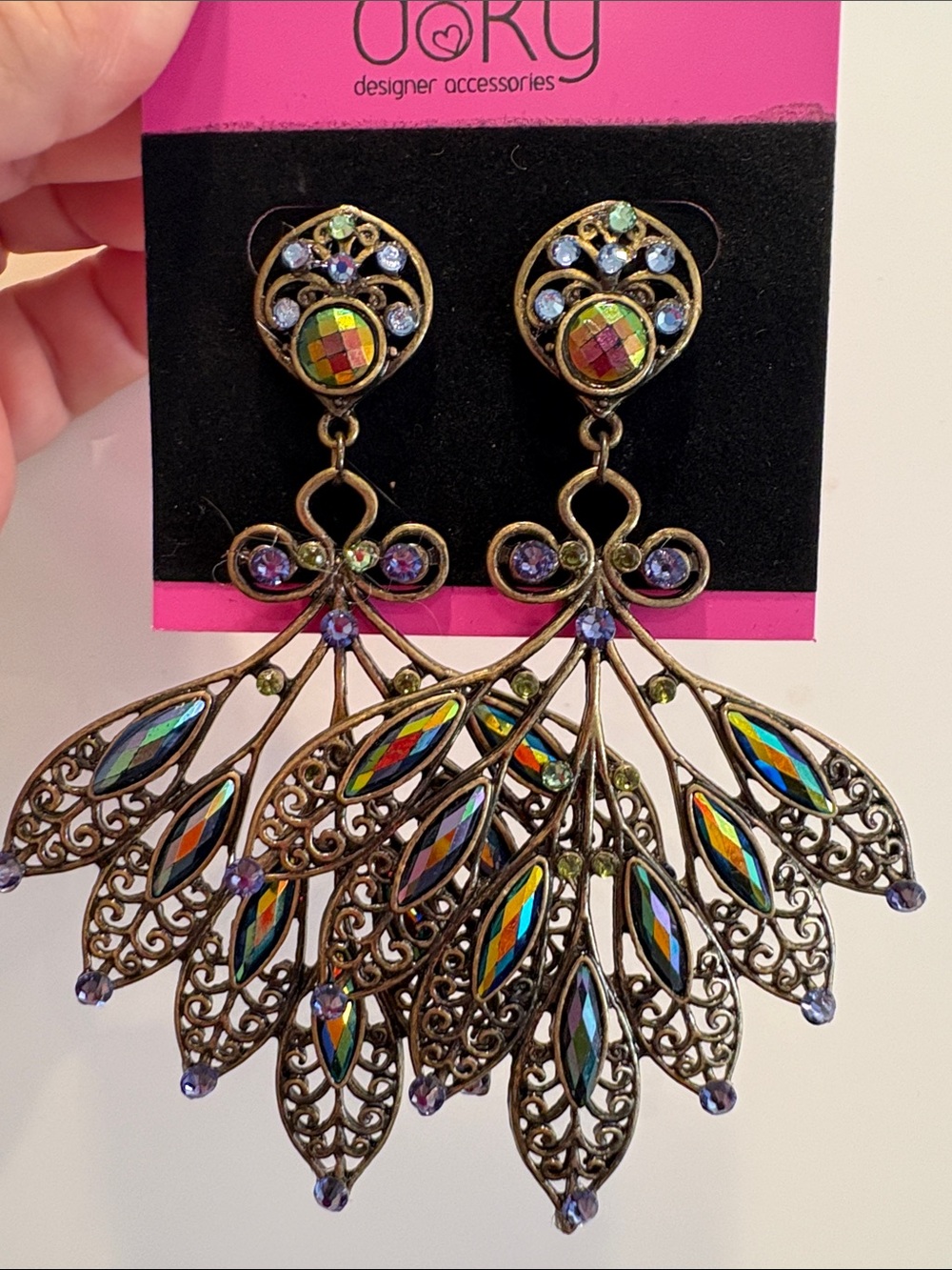 Iridescent Multicolor Crystal Peacock Fan Drop Earrings